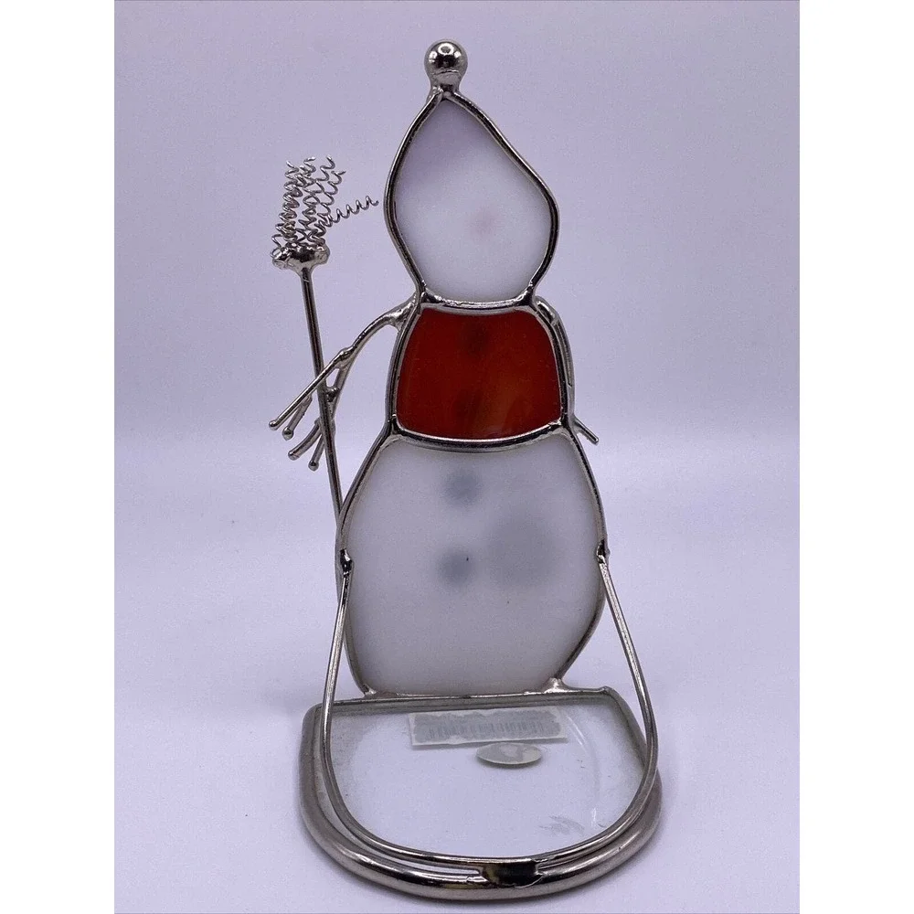Decorative Stained Glass Snowman With Broom VOTIVE Tea Light CANDLE HOLDER - Picture 4 of 6